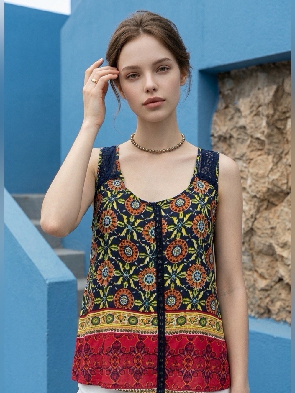Boho Lacey Summer (M) Top Red, blues & yellow